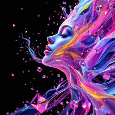 The primary subject of the image is a woman with a colorful, abstract background. The setting is a dark background, which contrasts with the vibrant colors of the woman's hair and the abstract shapes surrounding her. The visual style is a combination of digital art and illustration, creating a unique and artistic representation of the woman. The colors and mood of the image are lively and energetic, with the woman's hair and the abstract shapes creating a sense of movement and dynamism.